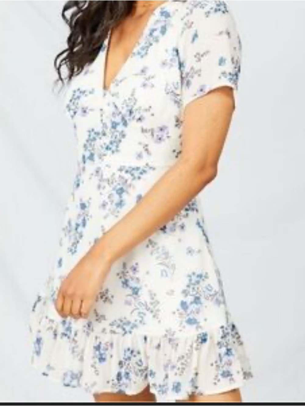 Altar'd State Cream Dress with Blue Floral Print and Ruffle Hem - Picture 3 of 7